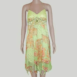 Sue Wong Green Bohemian Beaded Halter Dress Size 10 Vacation Midi Ruffle Dress